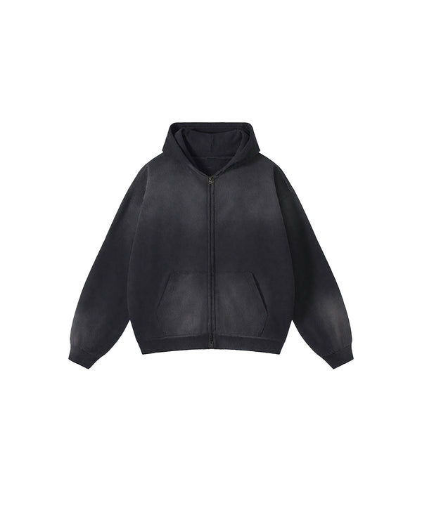 Washed and distressed fleece double-ended zipper sweatshirt 360g