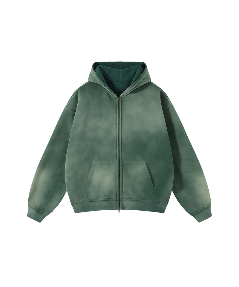 Washed and distressed fleece double-ended zipper sweatshirt 360g