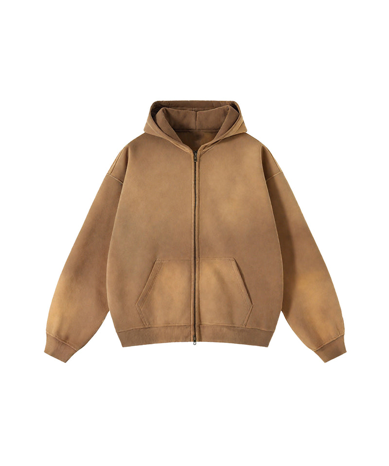 Washed and distressed fleece double-ended zipper sweatshirt 360g