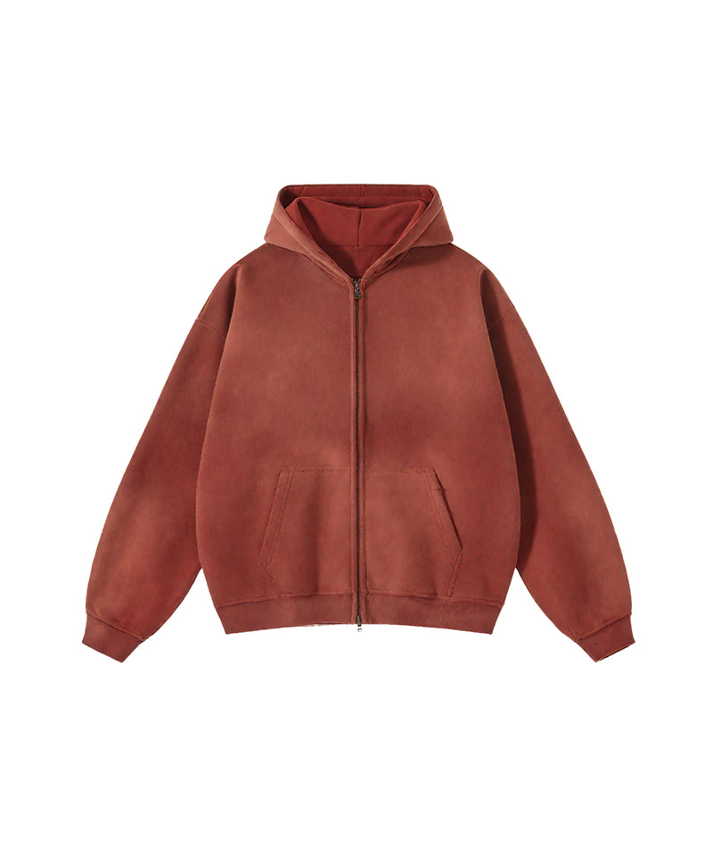 Washed and distressed fleece double-ended zipper sweatshirt 360g