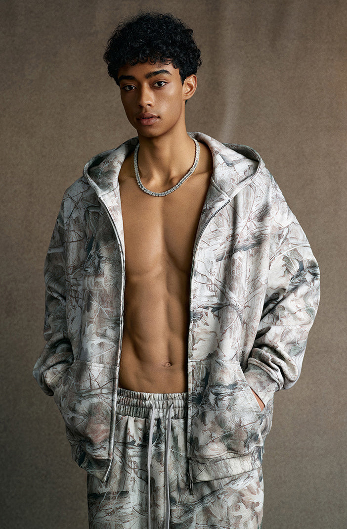 Plush camouflage zipper hoodie sweatshit set