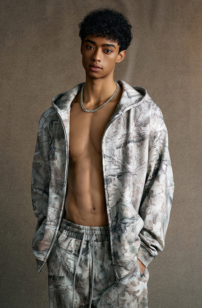 Plush camouflage zipper hoodie sweatshit set