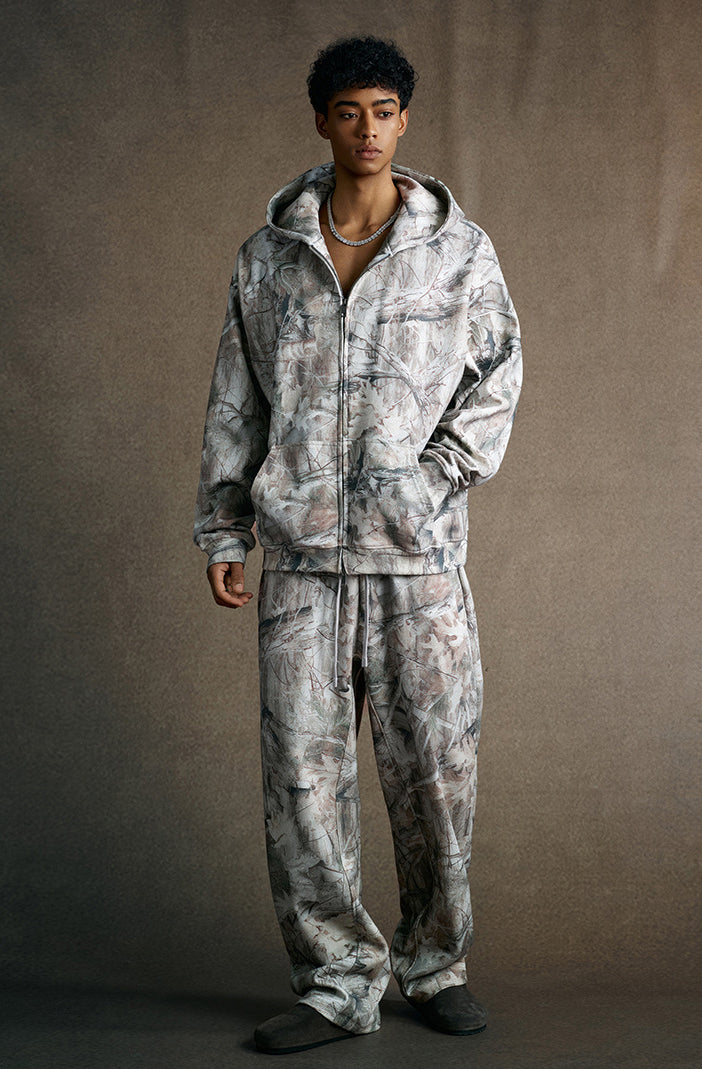 Plush camouflage zipper hoodie sweatshit set