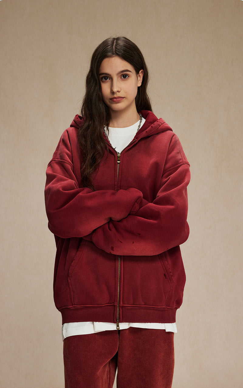 Washed and distressed fleece double-ended zipper sweatshirt 360g