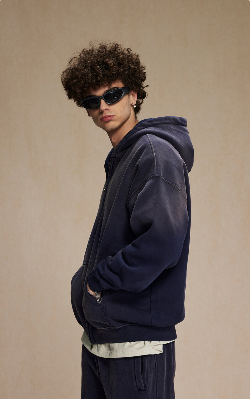 Washed and distressed fleece double-ended zipper sweatshirt 360g