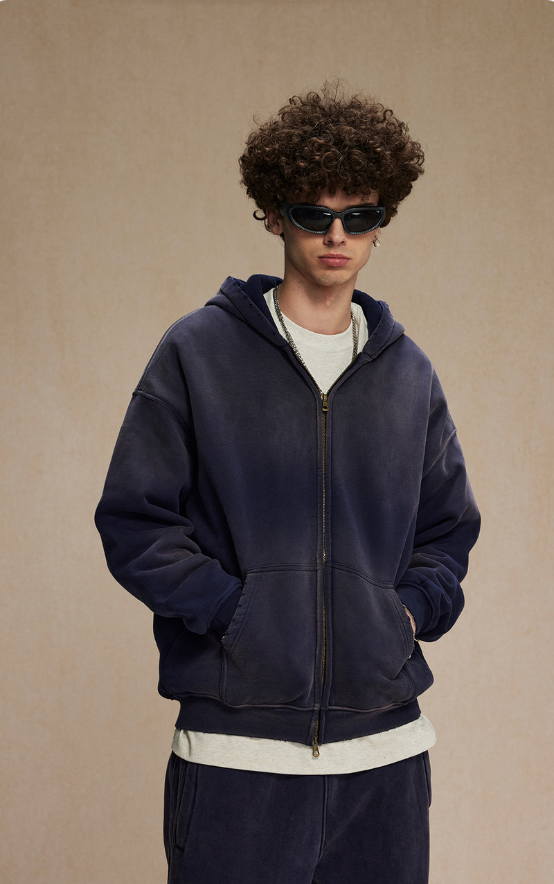 Washed and distressed fleece double-ended zipper sweatshirt 360g