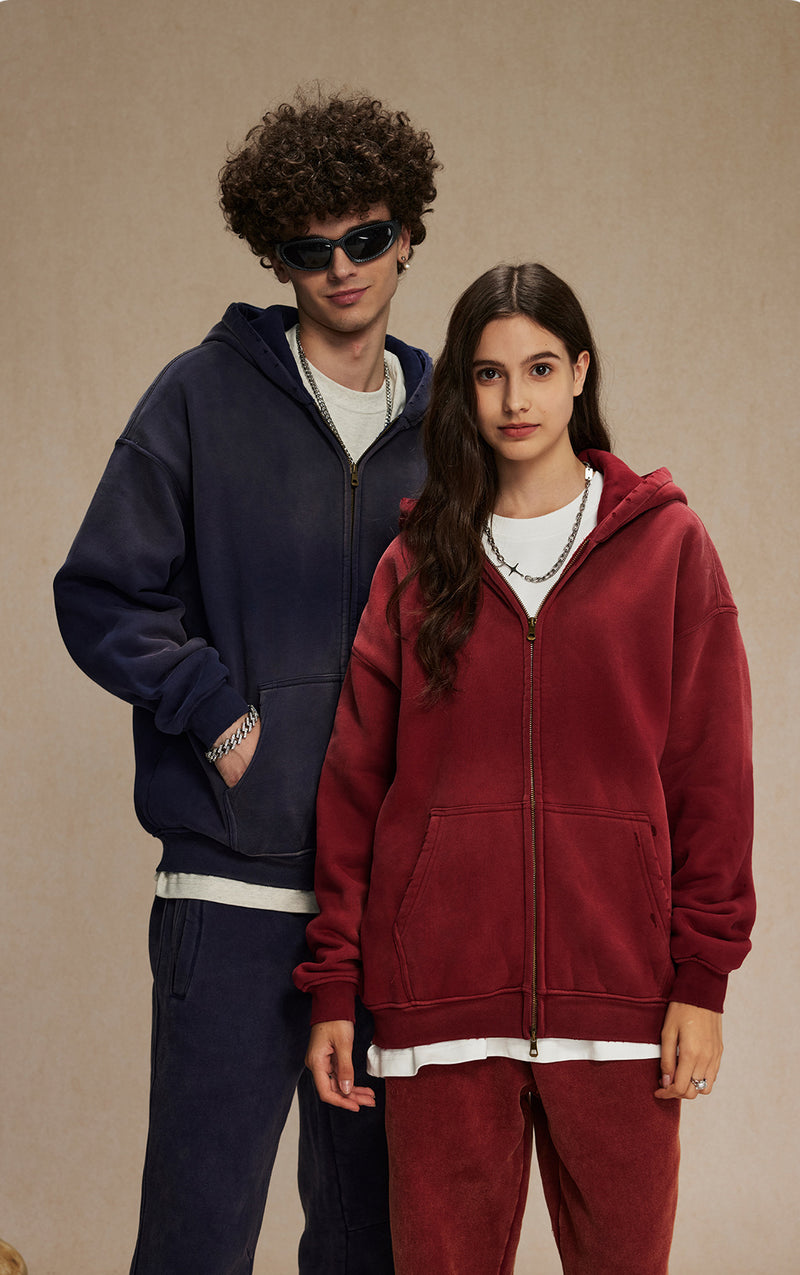 Washed and distressed fleece double-ended zipper sweatshirt 360g