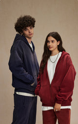 Washed and distressed fleece double-ended zipper sweatshirt 360g