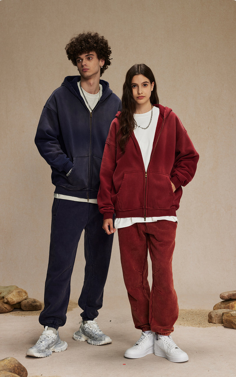 Washed and distressed fleece double-ended zipper sweatshirt 360g