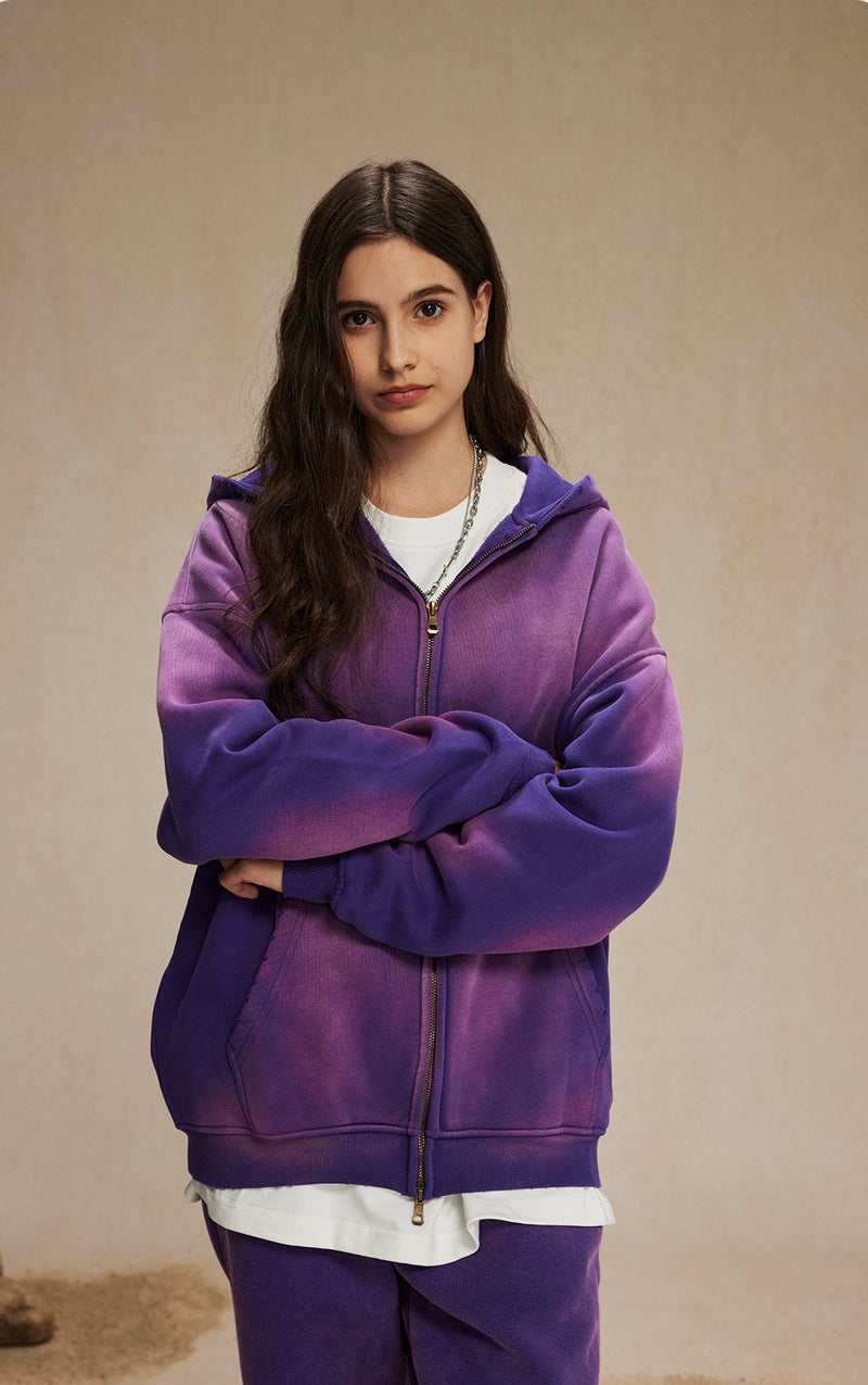 Washed and distressed fleece double-ended zipper sweatshirt 360g