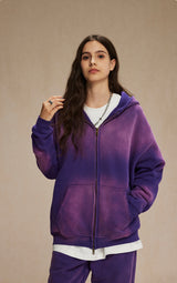 Washed and distressed fleece double-ended zipper sweatshirt 360g