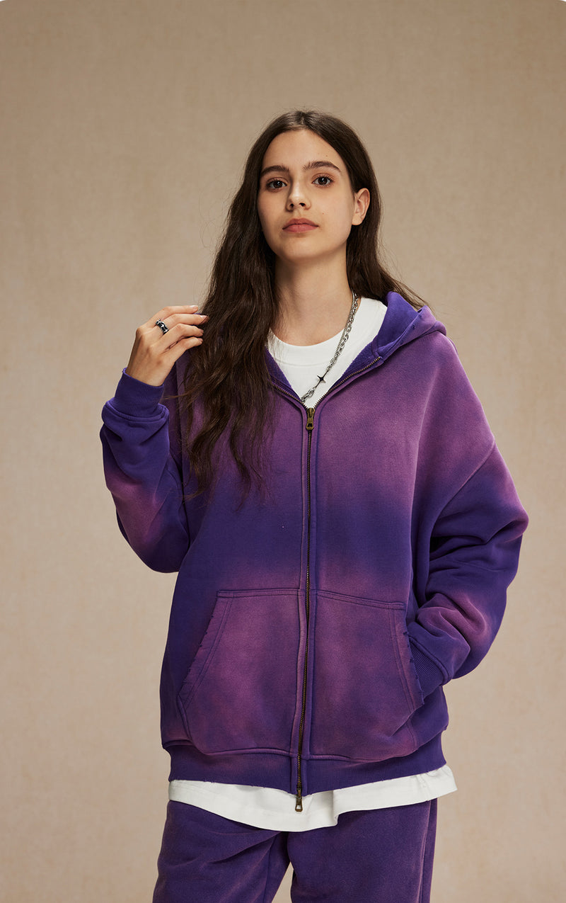 Washed and distressed fleece double-ended zipper sweatshirt 360g