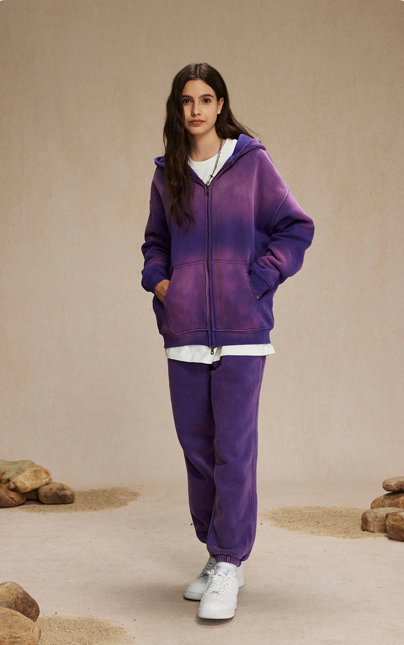 Washed and distressed fleece double-ended zipper sweatshirt 360g