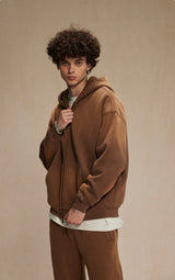 Washed and distressed fleece double-ended zipper sweatshirt 360g