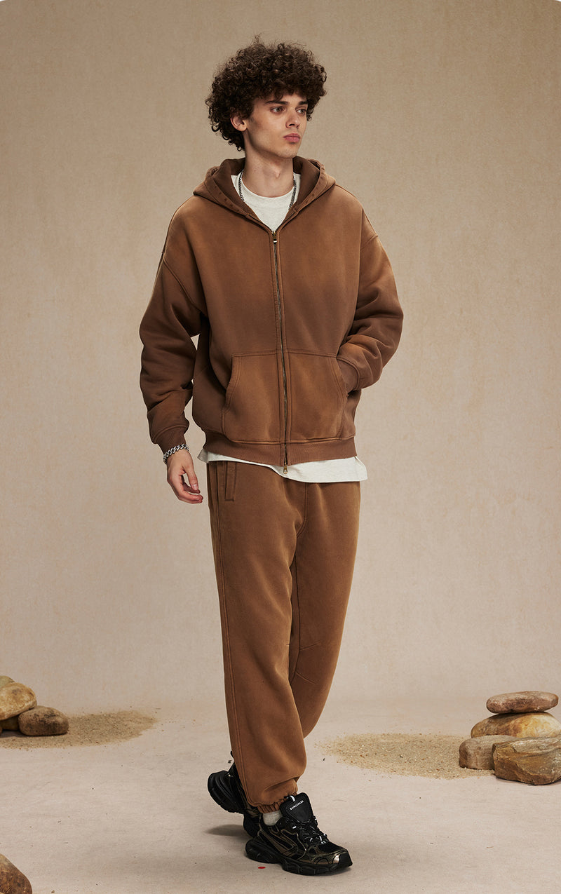 Washed and distressed fleece double-ended zipper sweatshirt 360g