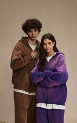 Washed and distressed fleece double-ended zipper sweatshirt 360g