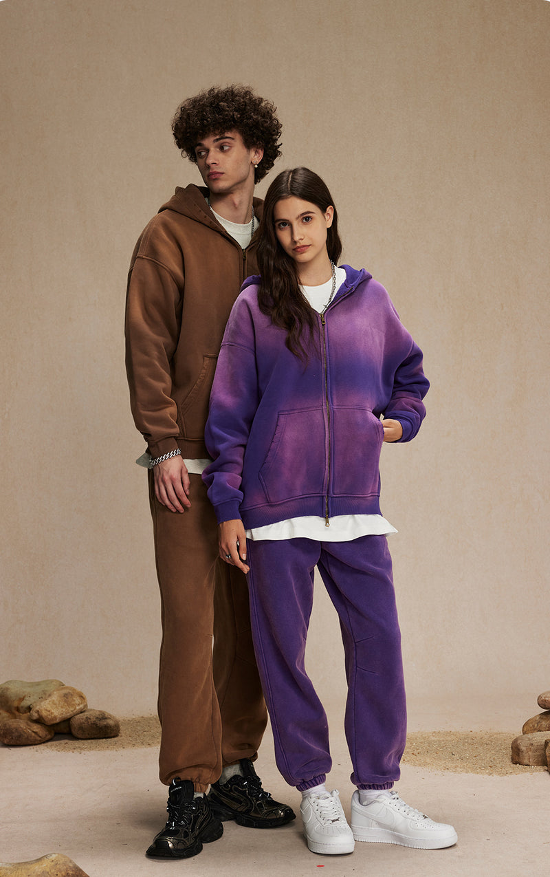 Washed and distressed fleece double-ended zipper sweatshirt 360g