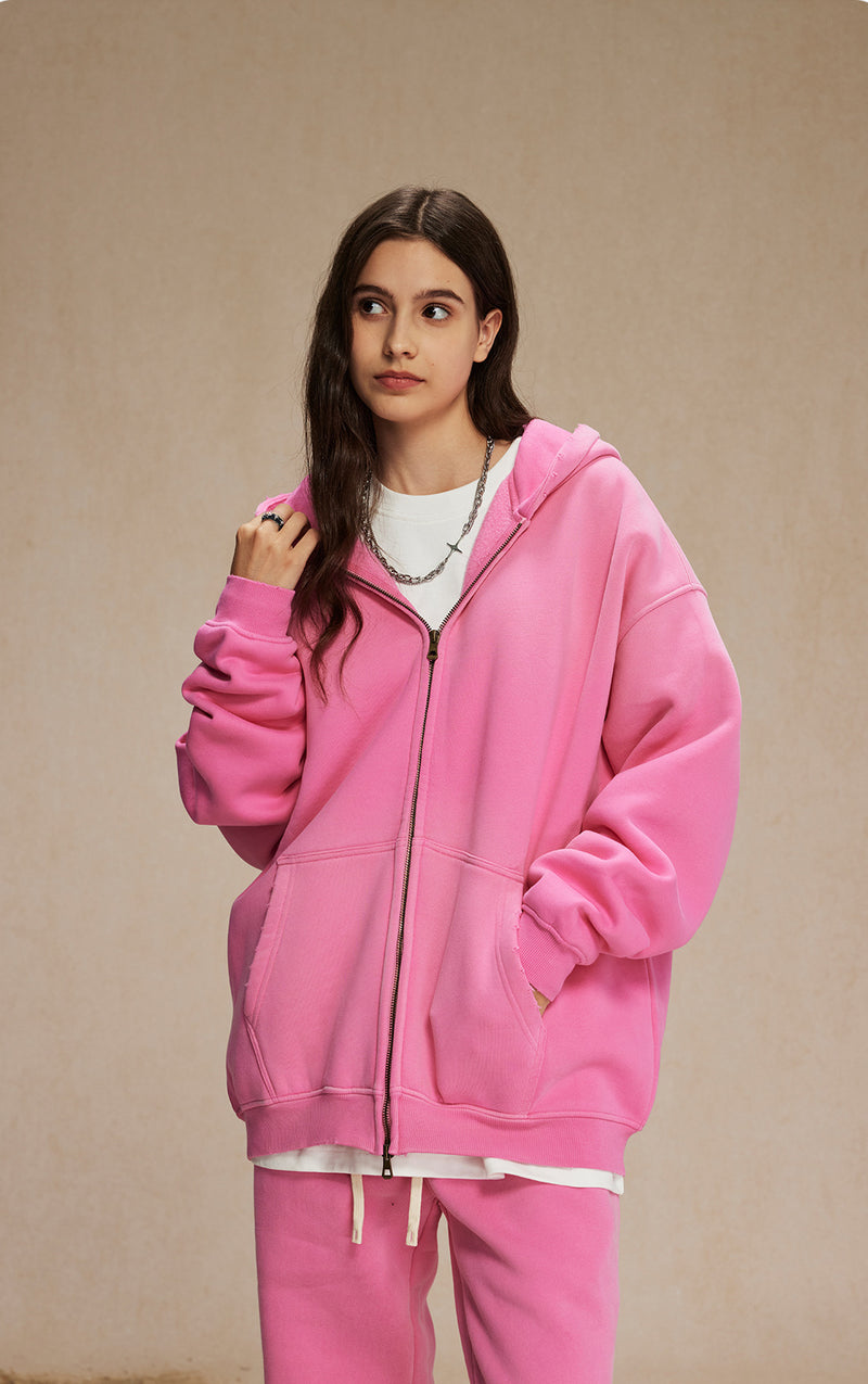 Washed and distressed fleece double-ended zipper sweatshirt 360g
