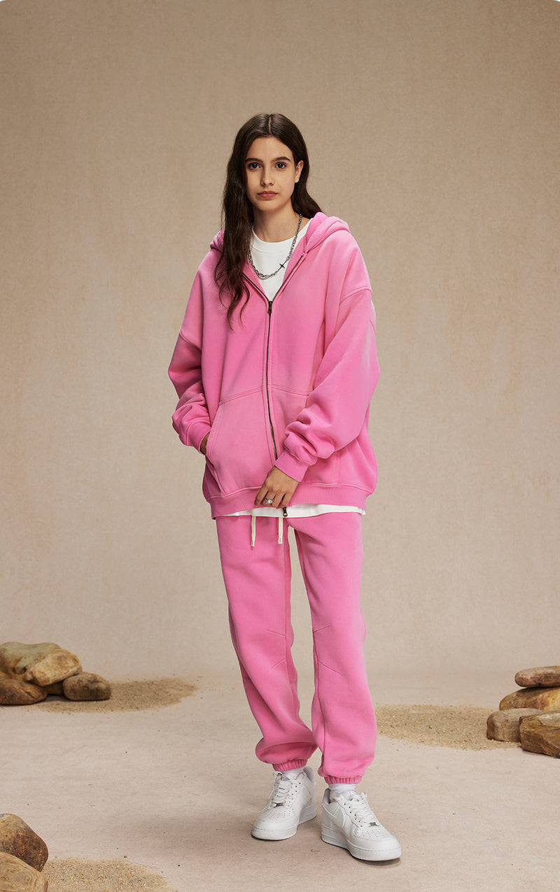 Washed and distressed fleece double-ended zipper sweatshirt 360g