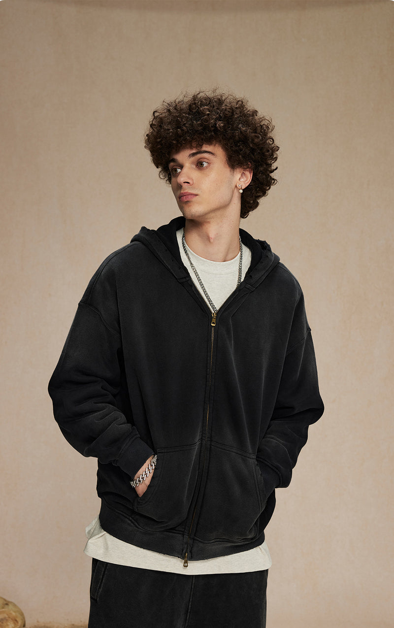 Washed and distressed fleece double-ended zipper sweatshirt 360g