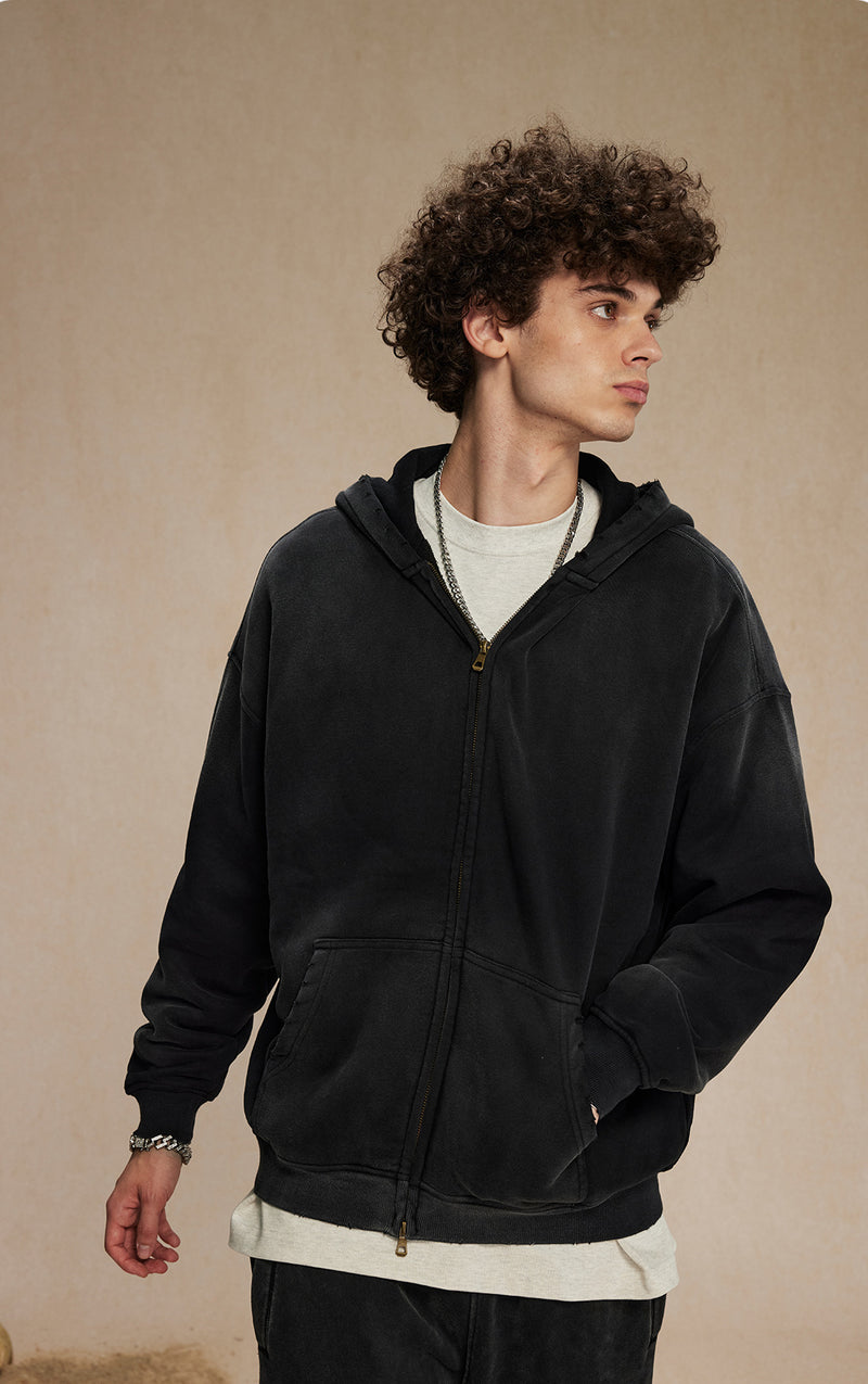 Washed and distressed fleece double-ended zipper sweatshirt 360g
