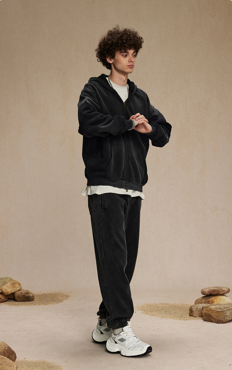 Washed and distressed fleece double-ended zipper sweatshirt 360g