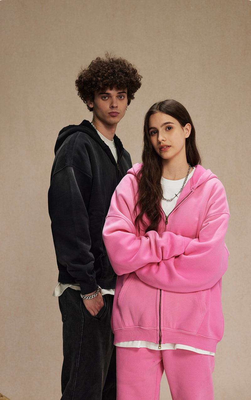 Washed and distressed fleece double-ended zipper sweatshirt 360g