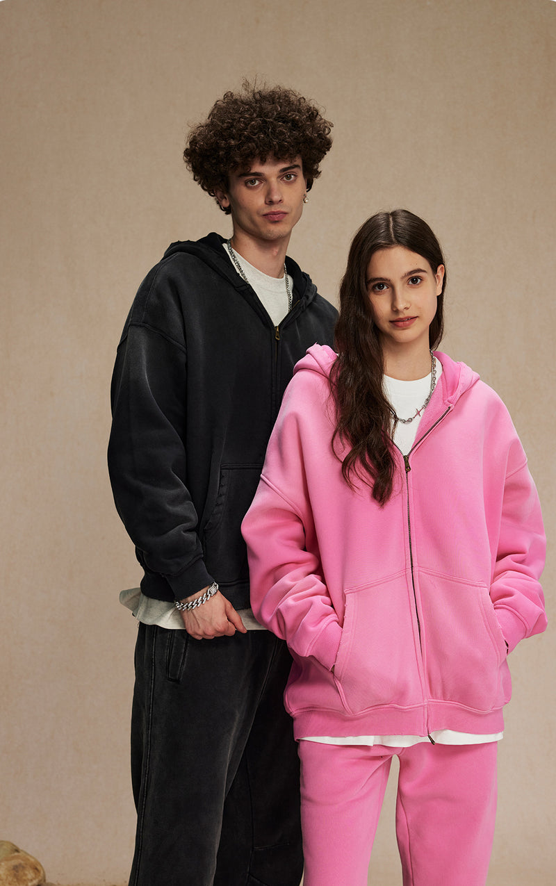 Washed and distressed fleece double-ended zipper sweatshirt 360g