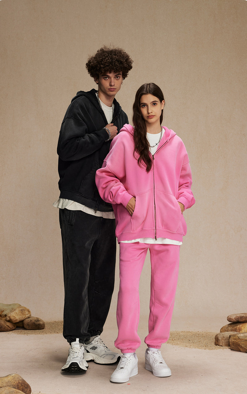 Washed and distressed fleece double-ended zipper sweatshirt 360g