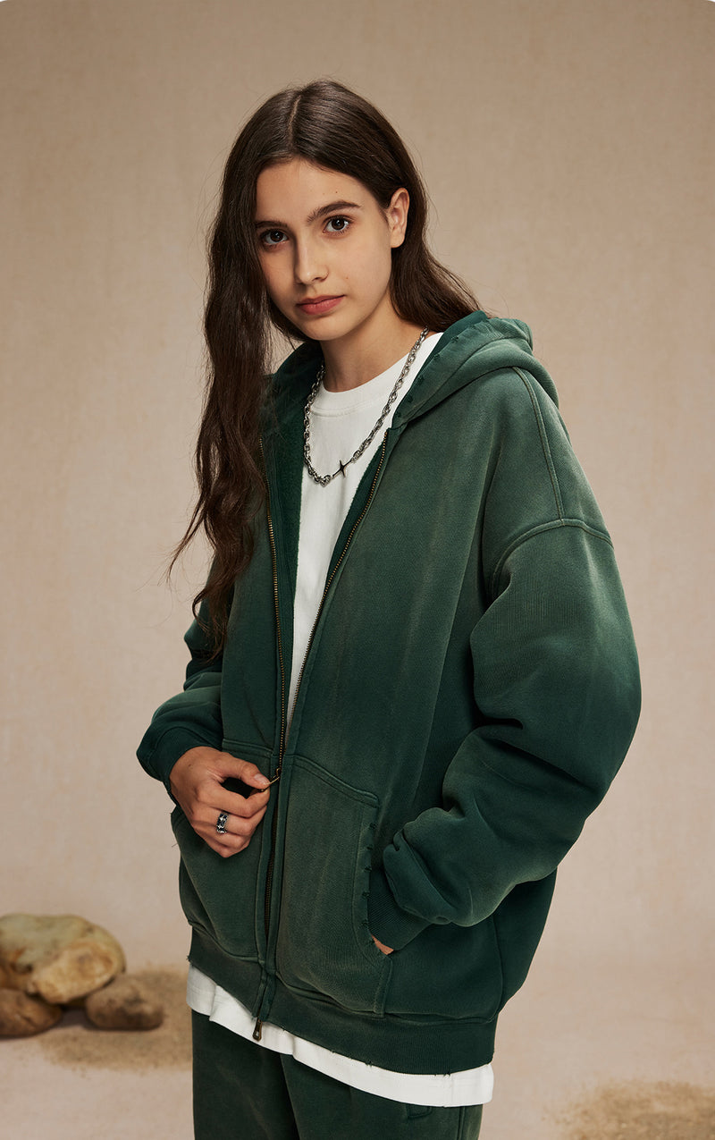 Washed and distressed fleece double-ended zipper sweatshirt 360g