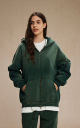 Washed and distressed fleece double-ended zipper sweatshirt 360g
