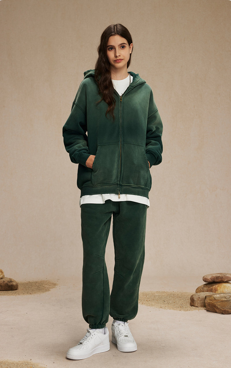 Washed and distressed fleece double-ended zipper sweatshirt 360g