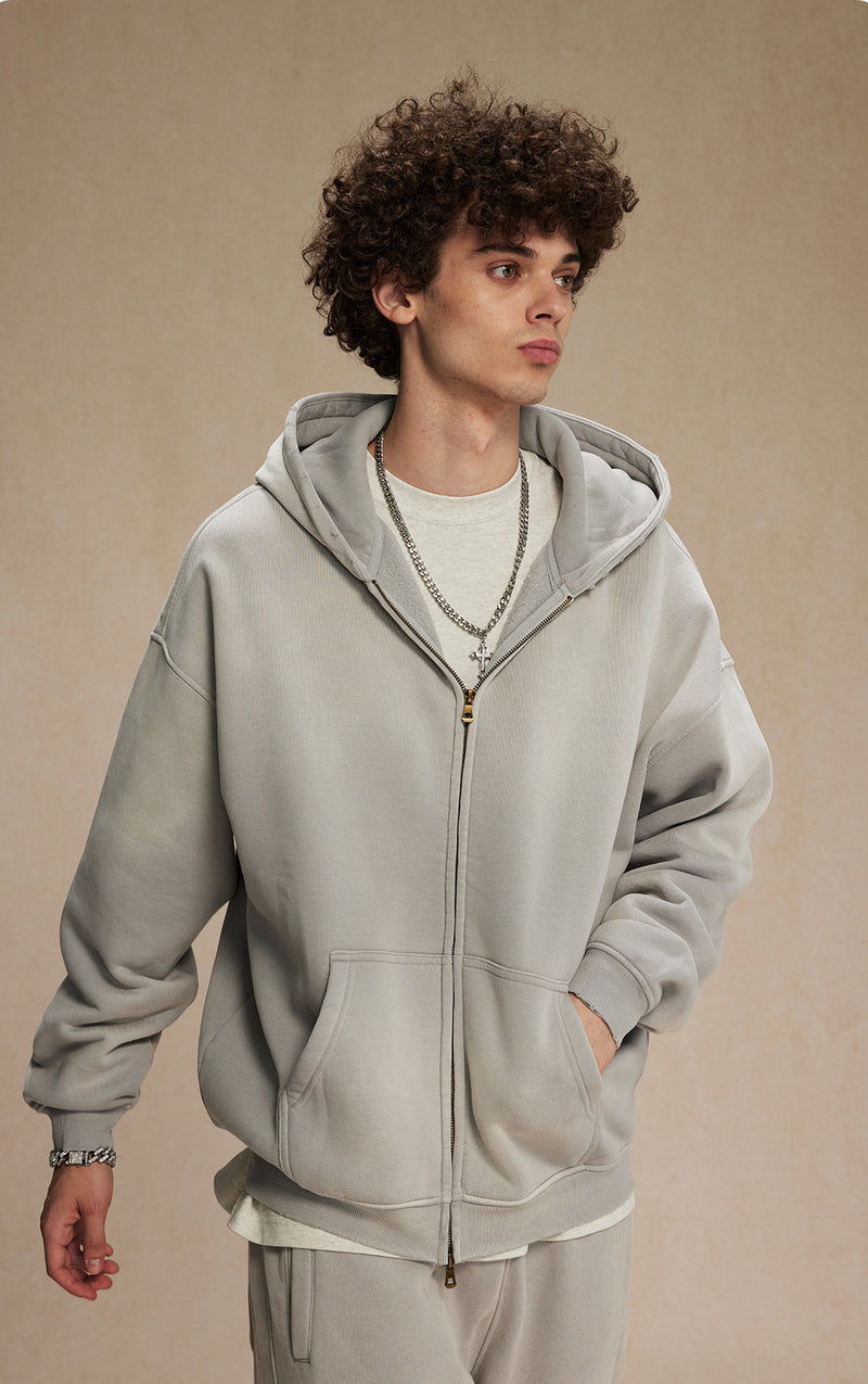 Washed and distressed fleece double-ended zipper sweatshirt 360g