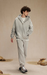 Washed and distressed fleece double-ended zipper sweatshirt 360g