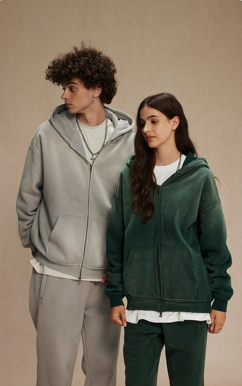 Washed and distressed fleece double-ended zipper sweatshirt 360g