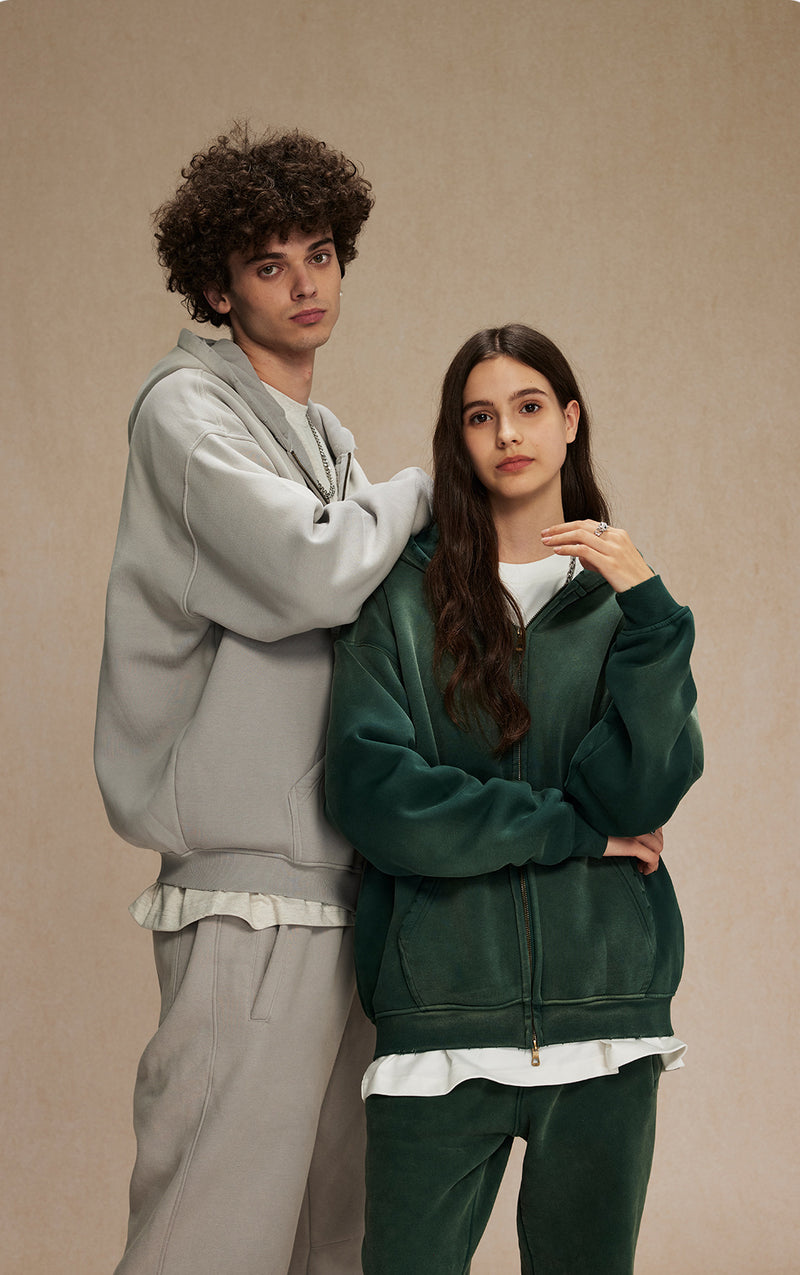 Washed and distressed fleece double-ended zipper sweatshirt 360g