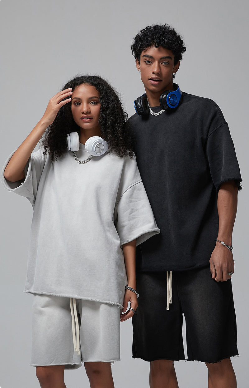 Sun Faded Wached With Distressed French Terry T-shirt and Shorts Set