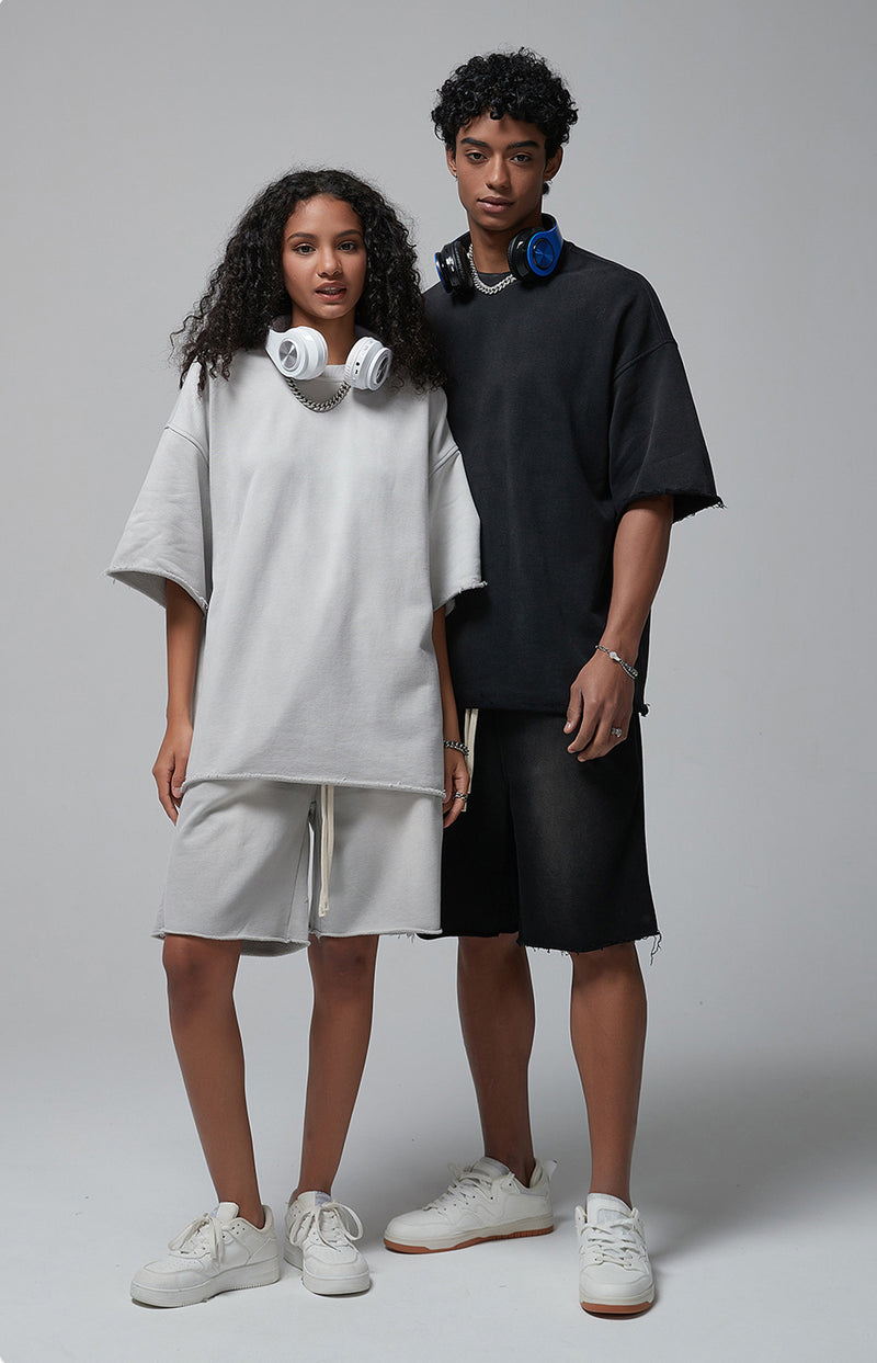 Sun Faded Wached With Distressed French Terry T-shirt and Shorts Set